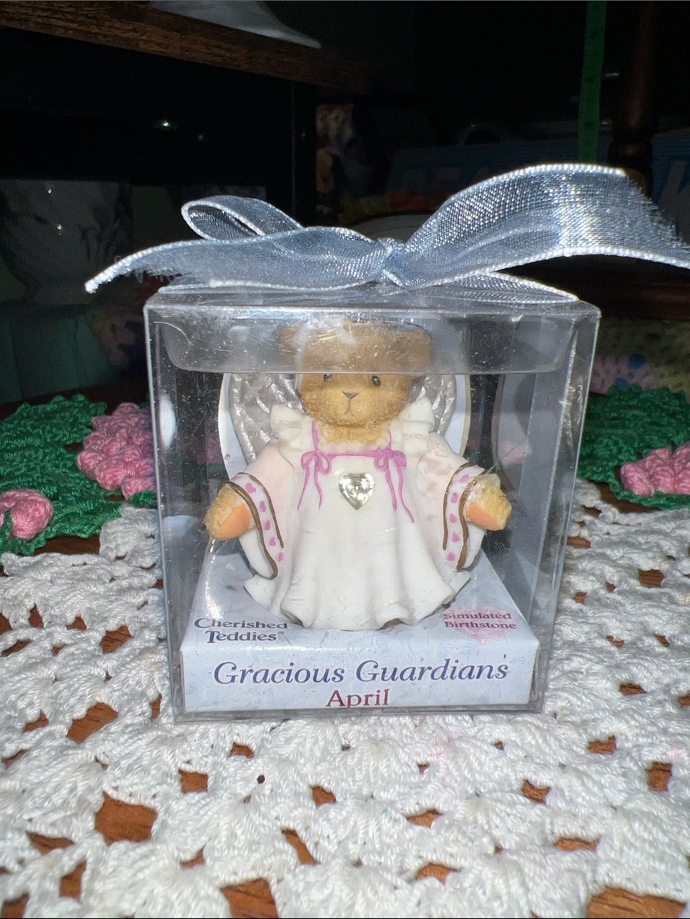 Cherished Teddies Angel Bear in White with Pink Accents April